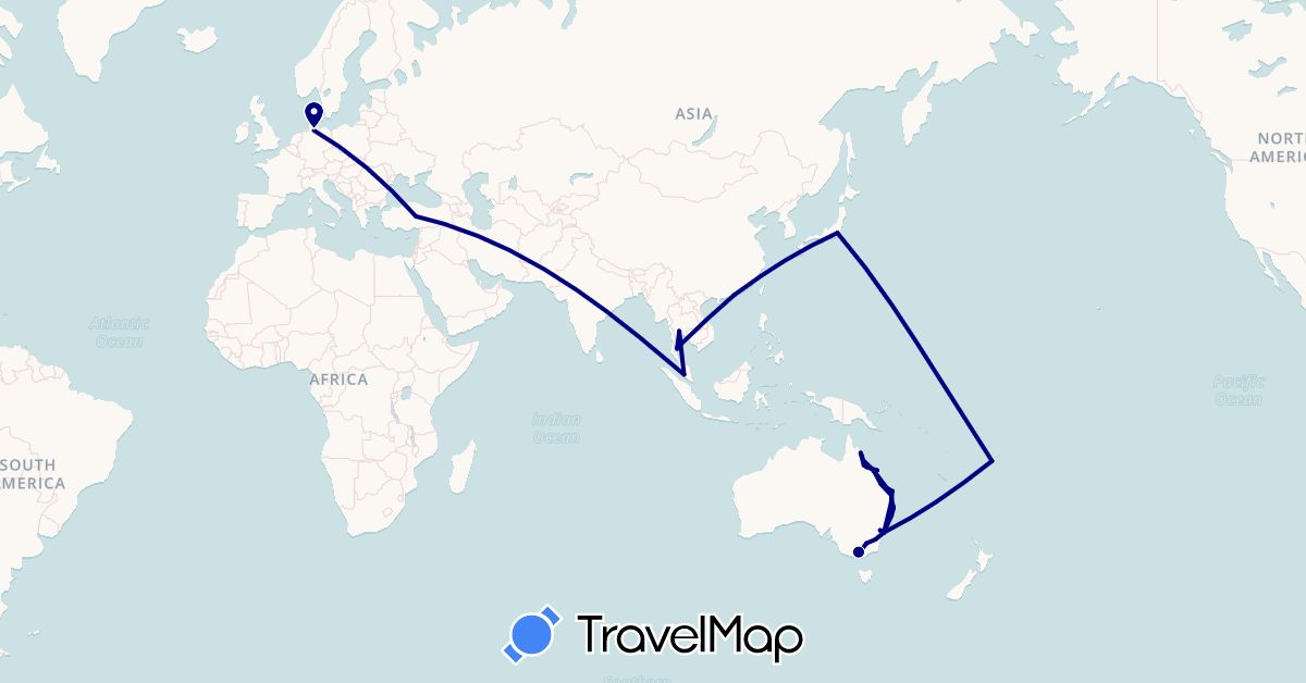 TravelMap itinerary: driving in Australia, Germany, Fiji, Hong Kong, Japan, Malaysia, Thailand, Turkey (Asia, Europe, Oceania)